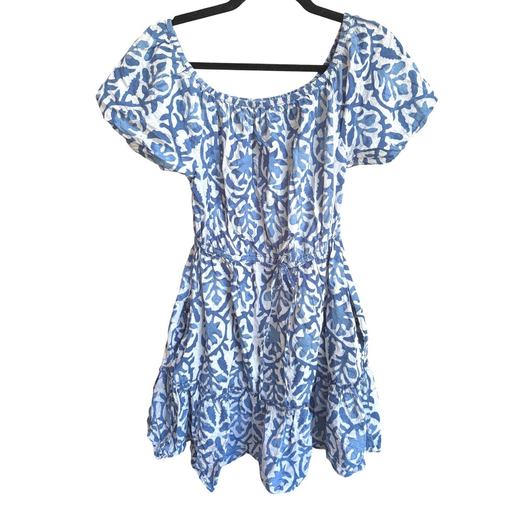 Blue‎ Island Dress Blue Boho Batik Print Tiered Mini Cotton M